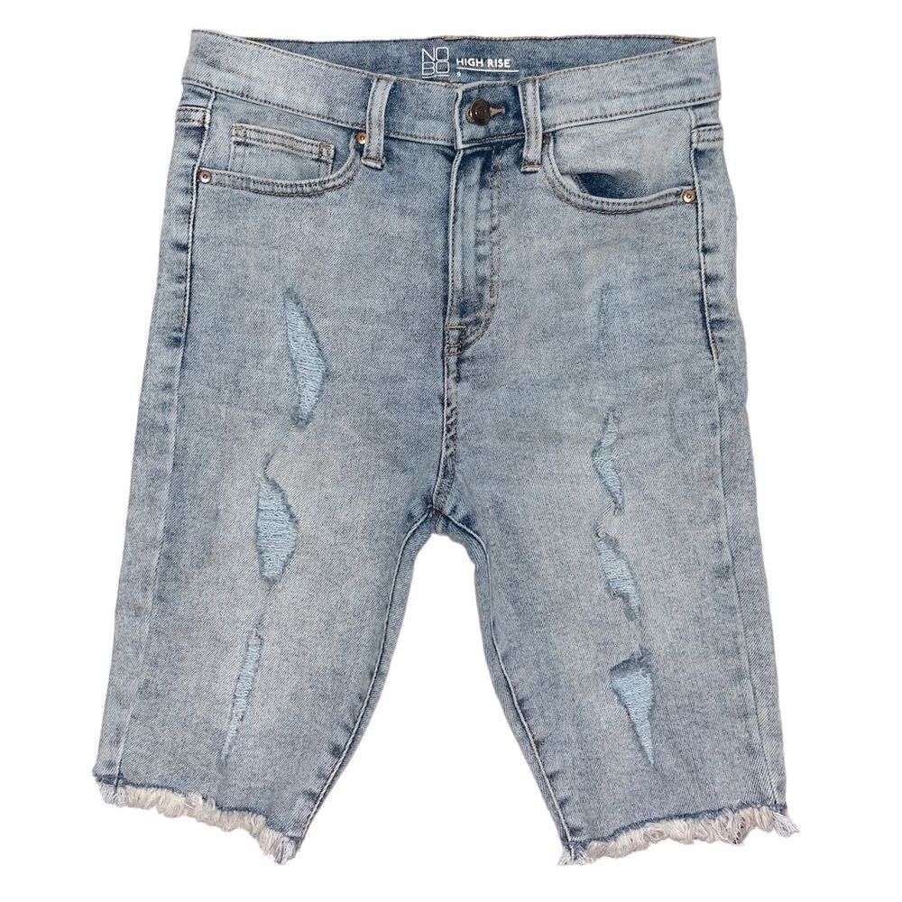 High Rise Distressed Jean Biker Shorts